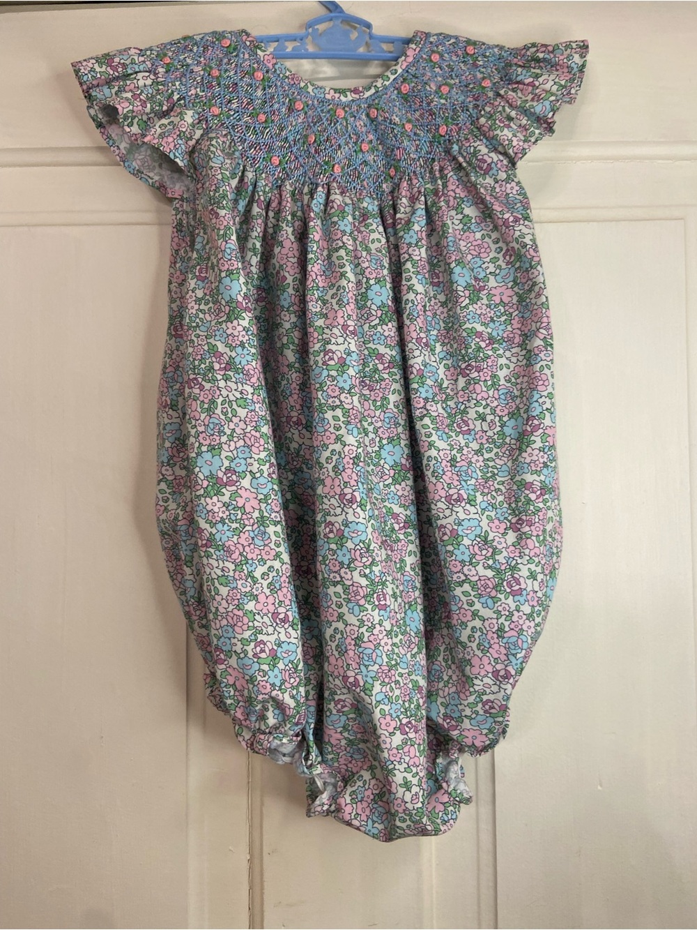 Eliza James Smocked Floral Bubble Dress in Pastel Blue and Pink